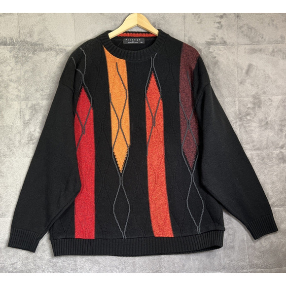 Vintage Protege Sweater Men XL Black/Multi Cosby Coogi Style Texture 3D Knit USA